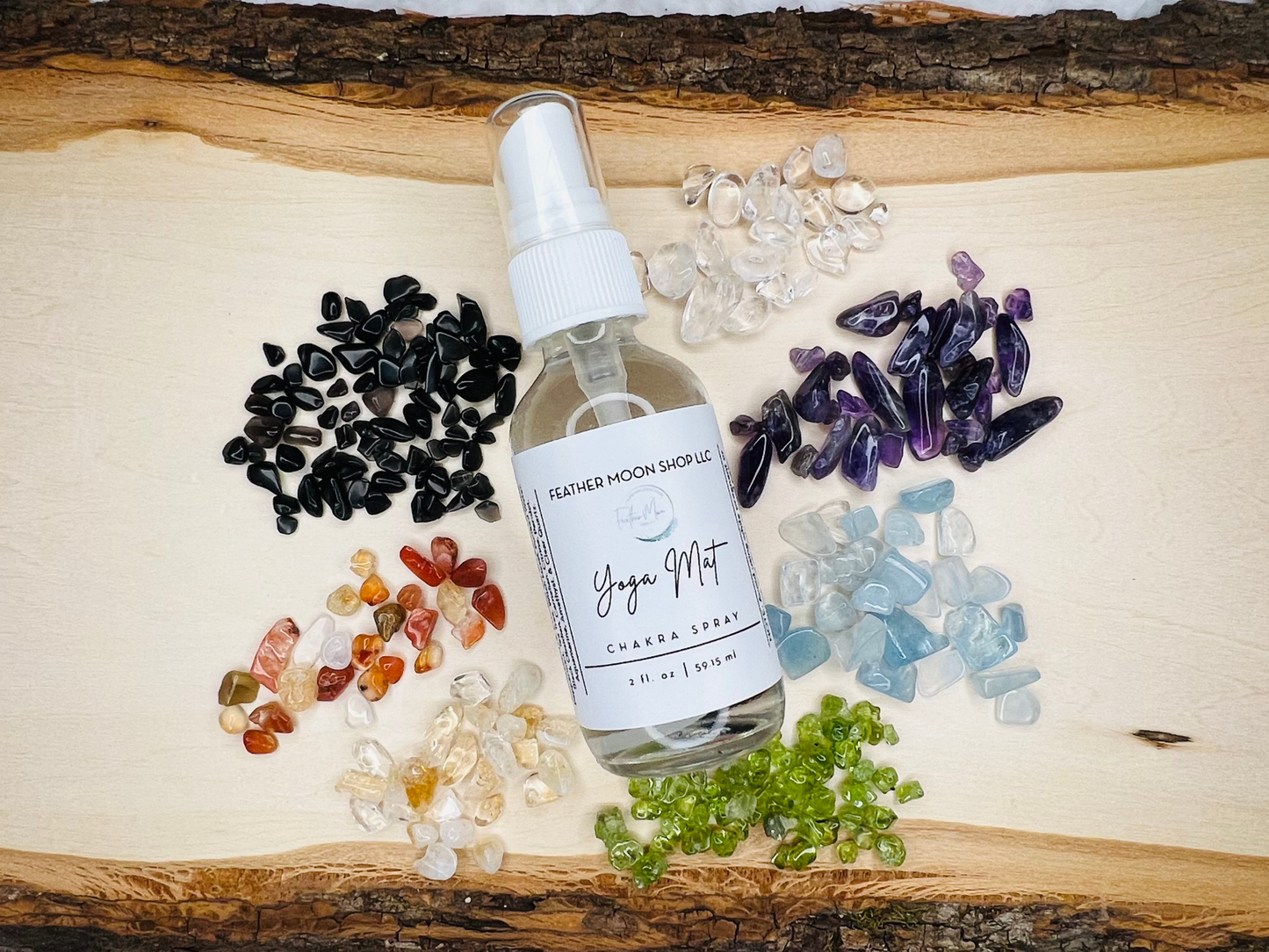Reiki Infused Yoga Chakra Kit | Chakra Cleansing Yoga Mat Spray | Chakra Balance Gemstone Oil Roller | Feather Lips Lip Balm