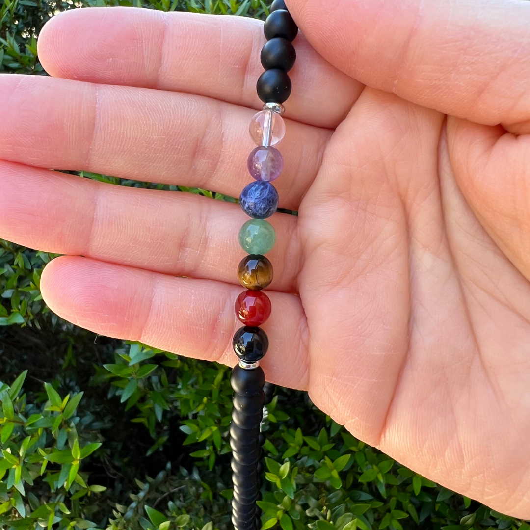 Chakra + Black Jade Necklace for Grounding & Alignment | Handmade Gemstone Necklace | Reiki Infused