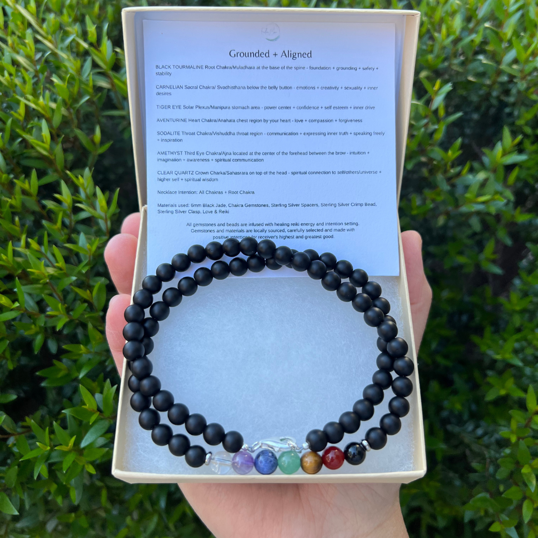 Chakra + Black Jade Necklace for Grounding & Alignment | Handmade Gemstone Necklace | Reiki Infused