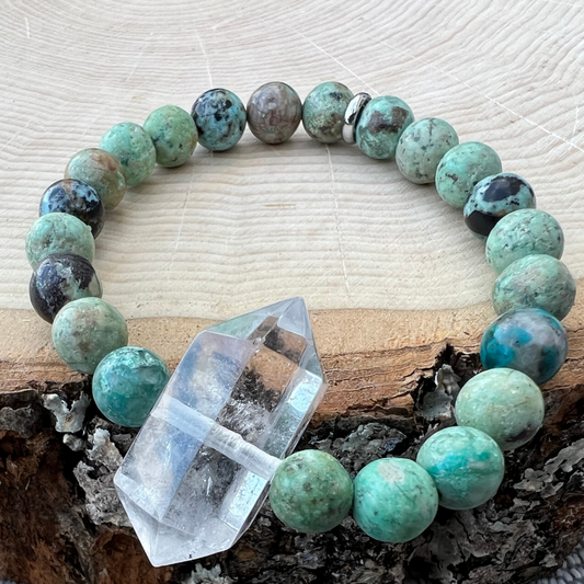 Mongolian Turquoise + Quartz Bracelet for Purification | Gemstone Bracelet | Handmade Jewelry | Reiki Infused