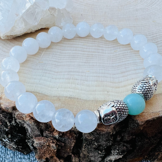 White Jade + Amazonite Bracelet for Calm & Peace |  Energy Crystal Beads | Gemstone Bracelet | Handmade Jewelry | Reiki Infused