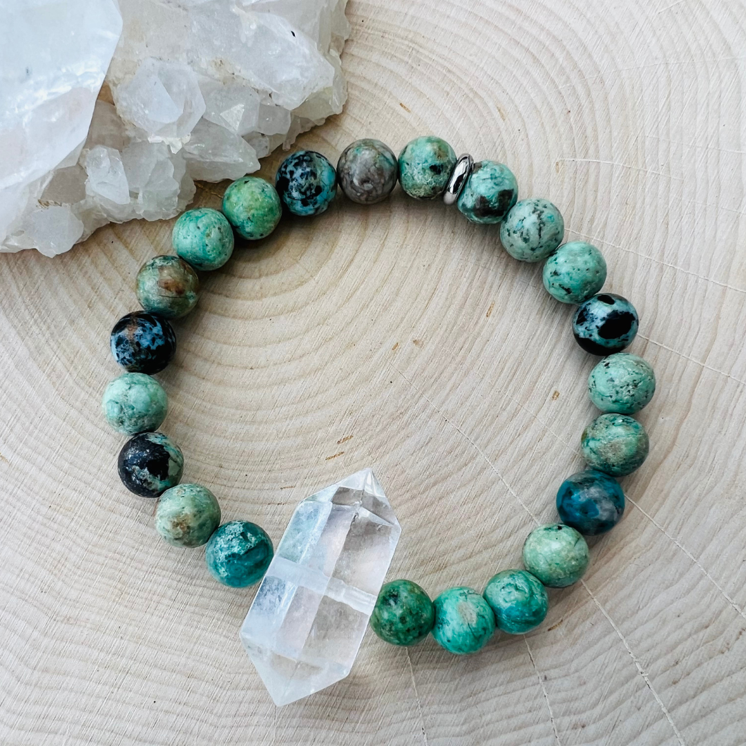 Mongolian Turquoise + Quartz Bracelet for Purification | Gemstone Bracelet | Handmade Jewelry | Reiki Infused